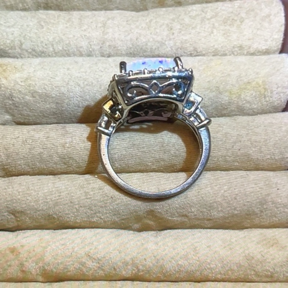 Sterling Silver Synthetic Opal Ring with CZ Halo - Picture 3 of 4